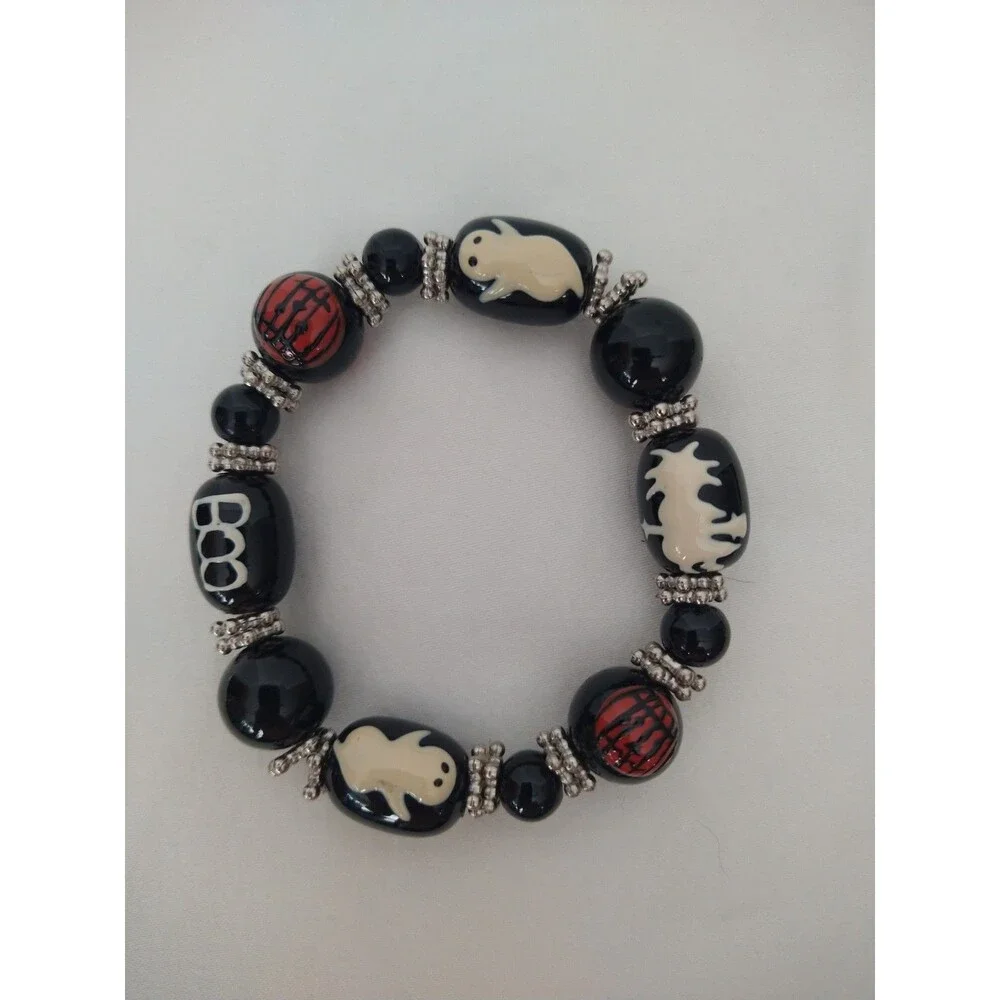 Halloween Black Lampwork Glass Beaded Stretch Bracelet Pumpkin Witch Ghost Boo